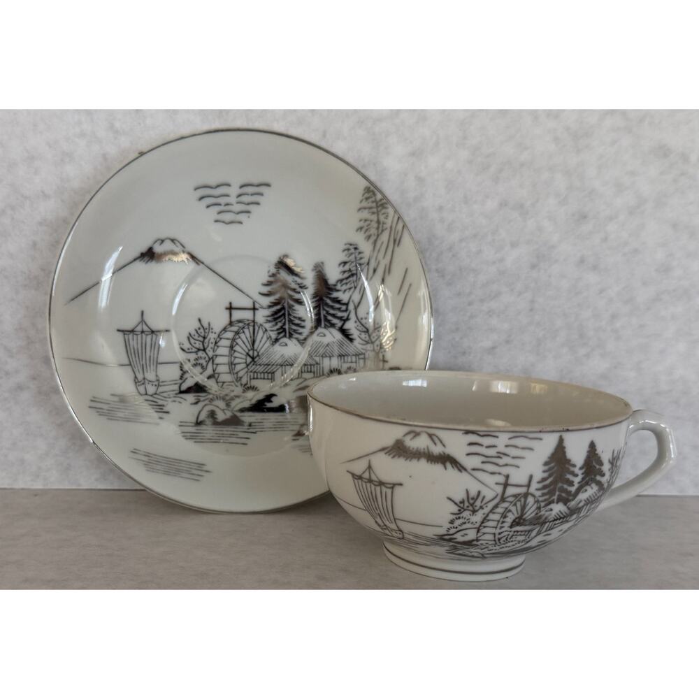 Kutani Lithophane Cup and Saucer Set,Silver Gilt Geisha Girl